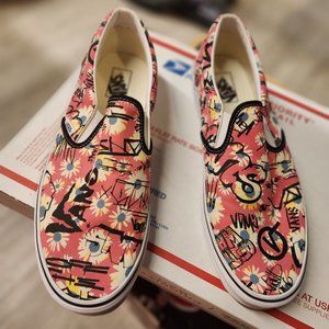 Vans Classic Slip On Floral Pink Black Graffiti Skate Shoes Brand New - Size 13